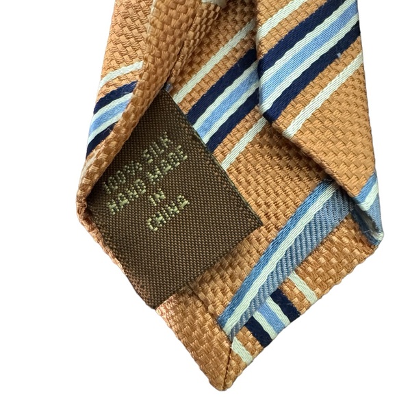 Tasso Elba SPA Men’s Designer Orange and Blue Striped 100% Silk Necktie. - Picture 4 of 4
